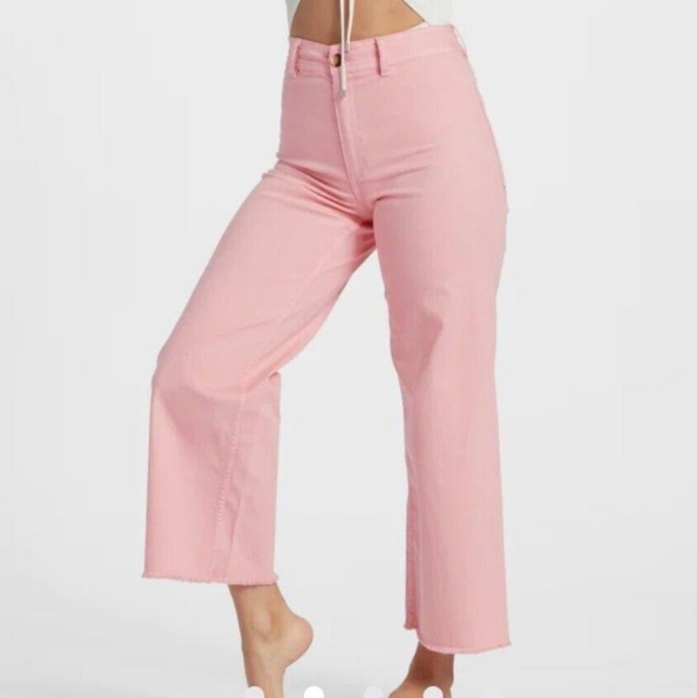 Pink -ish Wash Billabong Free Fall Wide Leg Jeans Raw Hem Stretch